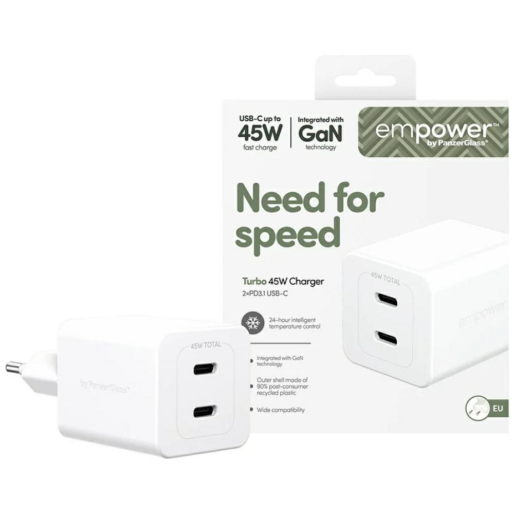 PanzerGlass TURBO 45W CHARGER INCLUDING 2 X USB-C EU PLUG, SILVER WHITE