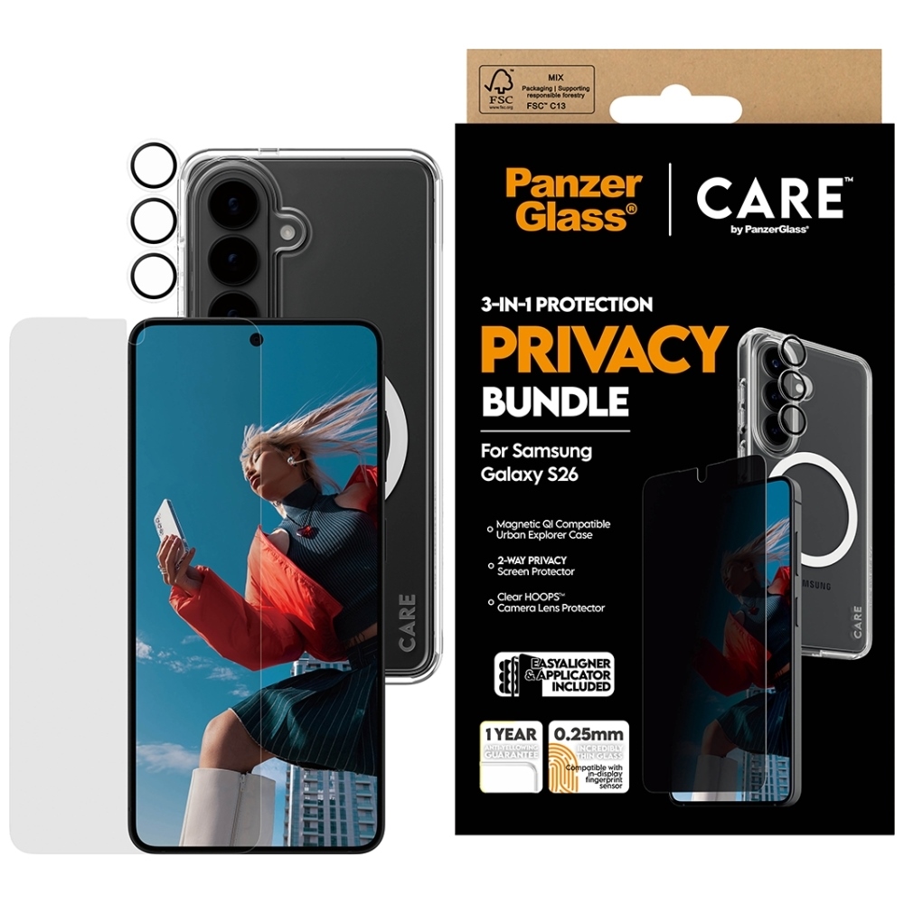 PanzerGlass CARE Privacy 3-in-1 Protective Set: Case + Glass Screen Protector + Lens Protector for Samsung Galaxy S26