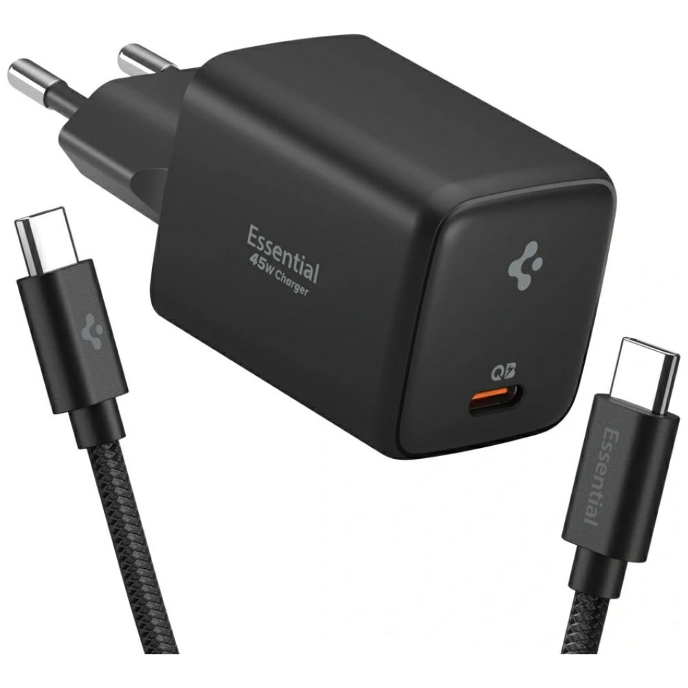 Spigen Essential EE451EU 45W USB-C Wall Charger + USB-C to USB-C Cable, Black