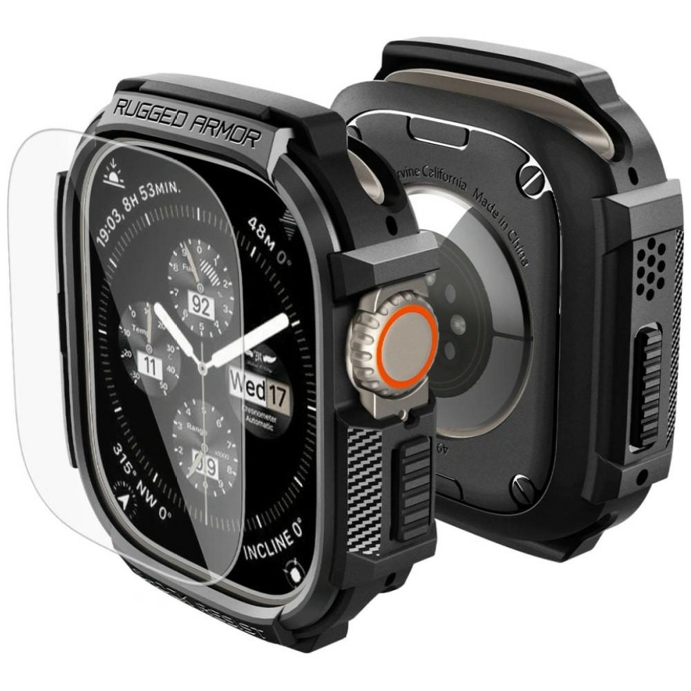 Spigen Rugged Armor Case AND Tempered Glass for Apple Watch Ultra 1 / 2 / 3 / 4 (49mm) black