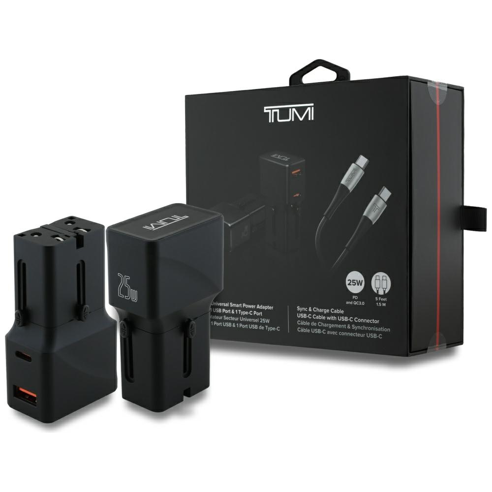 Tumi 25W USB-C / USB-A Travel Charger Adapter with USB-C/USB-C Cable, Black
