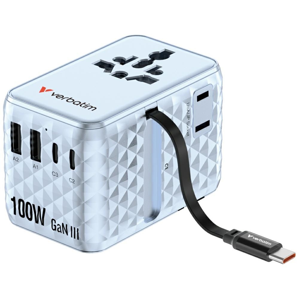 Verbatim EU/UK/US Travel Adapter GaN 2xUSB-C/2xUSB-A/1xUSB-C PD 100W blue 30192