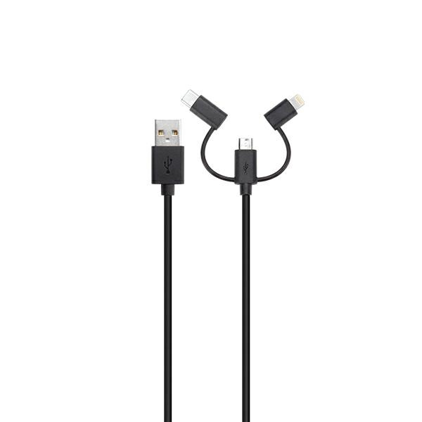 XQISIT combo USB A - microUSB/USB-C/Lightning cable, black / 29979